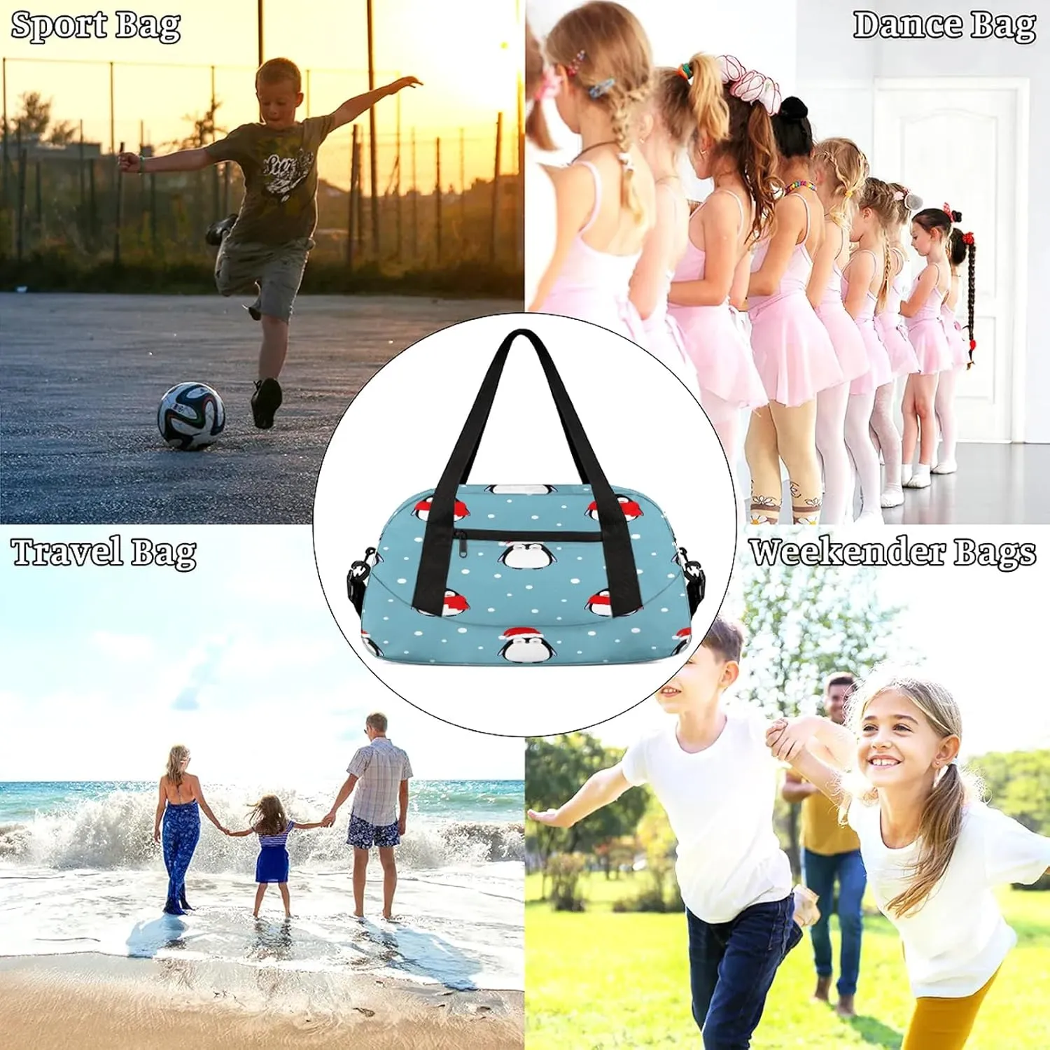 Christmas Penguin Pattern Kids Duffel Bag Lightweight Waterproof Sports Gym Bag with Front Zipper Pocket Foldable Weekender Overnight Bag for School Practice Gymnastic Ballet