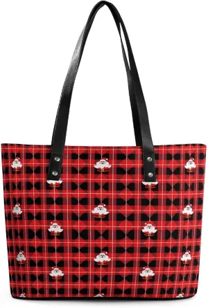 Christmas Red Black Plaid Santa Women's Tote Shoulder Bag Handbag Top Handle Leather 29 * 34 * 14cm