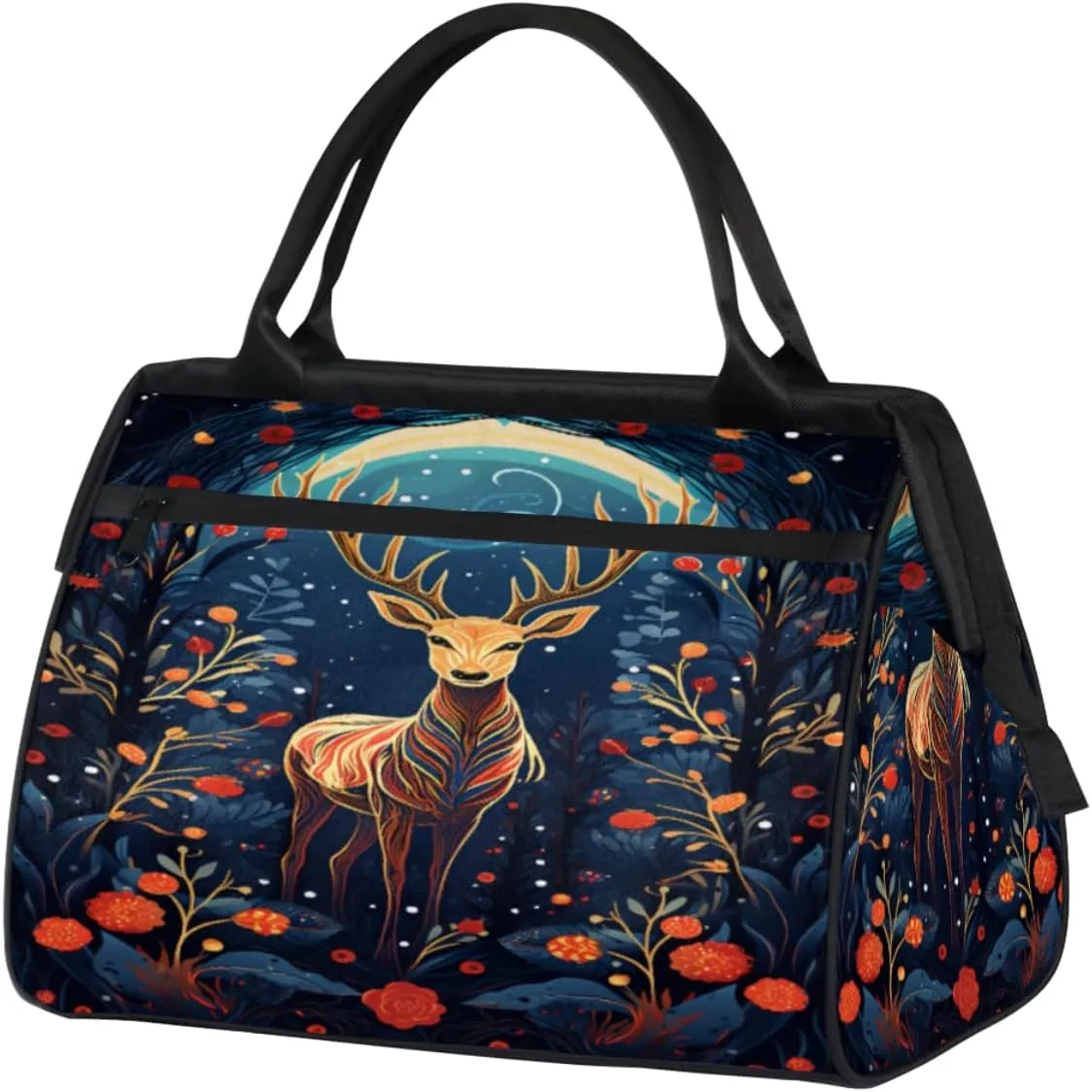 Christmas Reindeer Flowers Gym Bag for Women Men, Travel Sports Duffel Bag with Trolley Sleeve, Waterproof Sports Gym Bag Weekender Overnight Bag Carry On Tote Bag for Travel Gym Sport