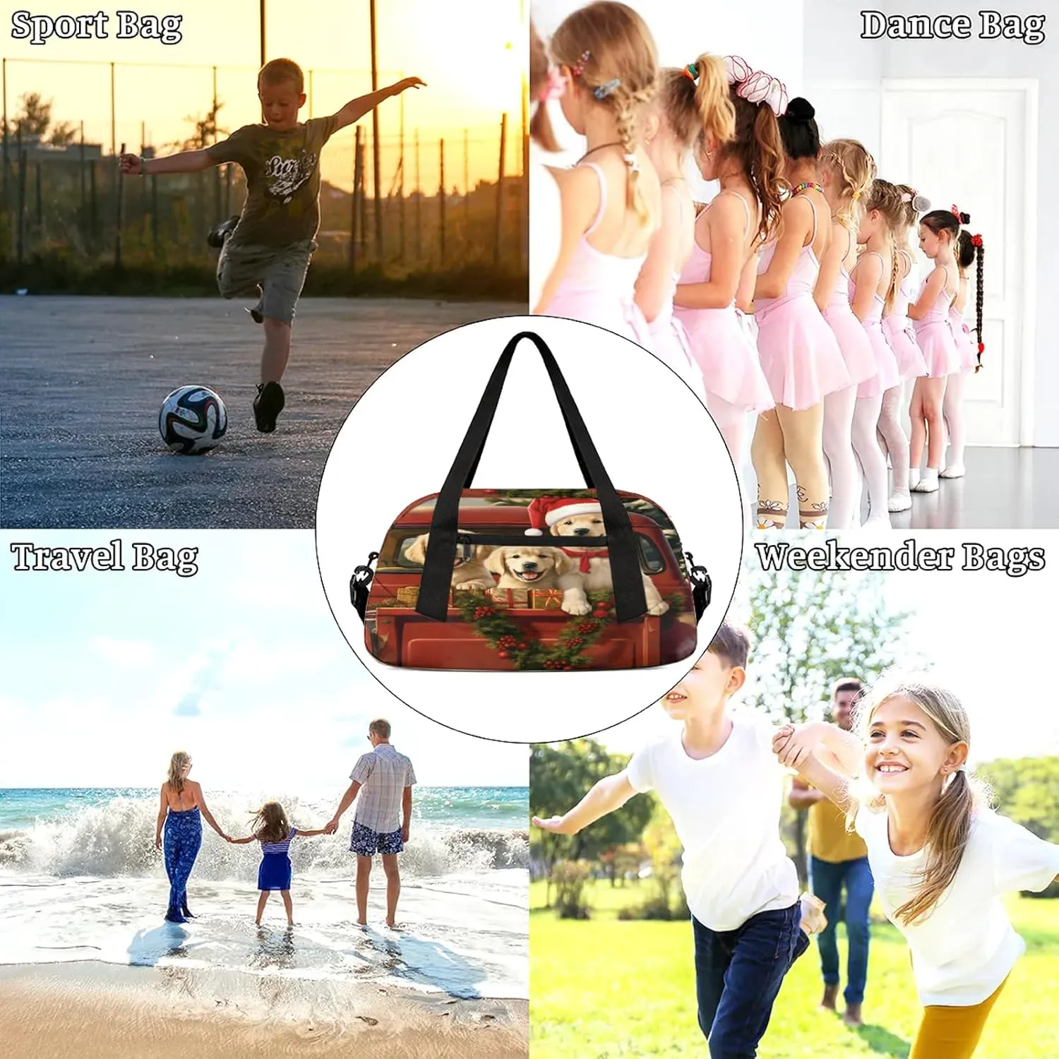 Christmas Truck Golden Retriever Kids Duffel Bag Lightweight Waterproof Sports Gym Bag with Front Zipper Pocket Foldable Weekender Overnight Bag for School Practice Gymnastic Ballet