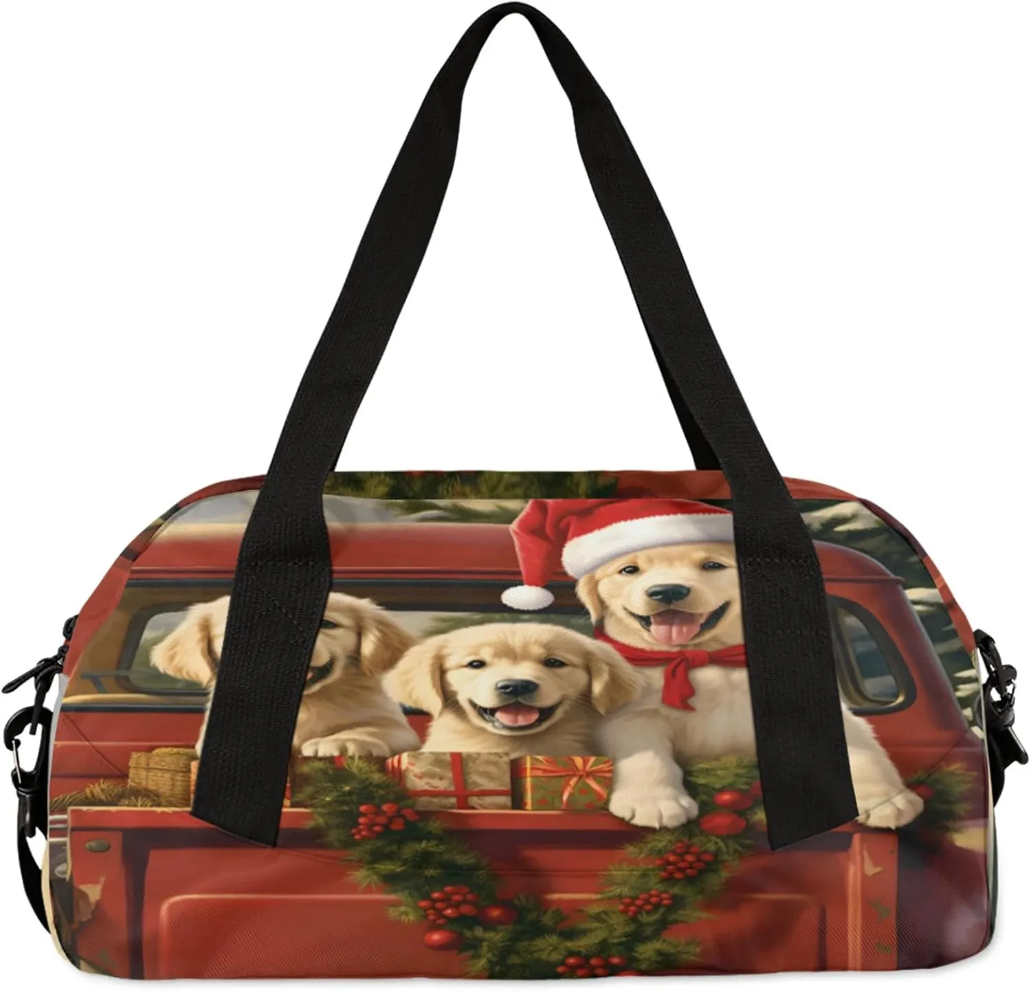 Christmas Truck Golden Retriever Kids Duffel Bag Lightweight Waterproof Sports Gym Bag with Front Zipper Pocket Foldable Weekender Overnight Bag for School Practice Gymnastic Ballet