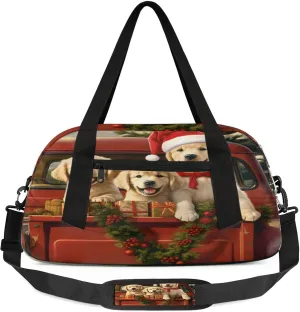 Christmas Truck Golden Retriever Kids Duffel Bag Lightweight Waterproof Sports Gym Bag with Front Zipper Pocket Foldable Weekender Overnight Bag for School Practice Gymnastic Ballet