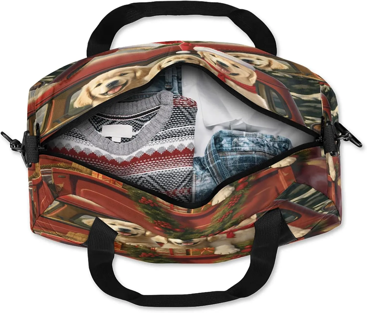 Christmas Truck Golden Retriever Kids Duffel Bag Lightweight Waterproof Sports Gym Bag with Front Zipper Pocket Foldable Weekender Overnight Bag for School Practice Gymnastic Ballet