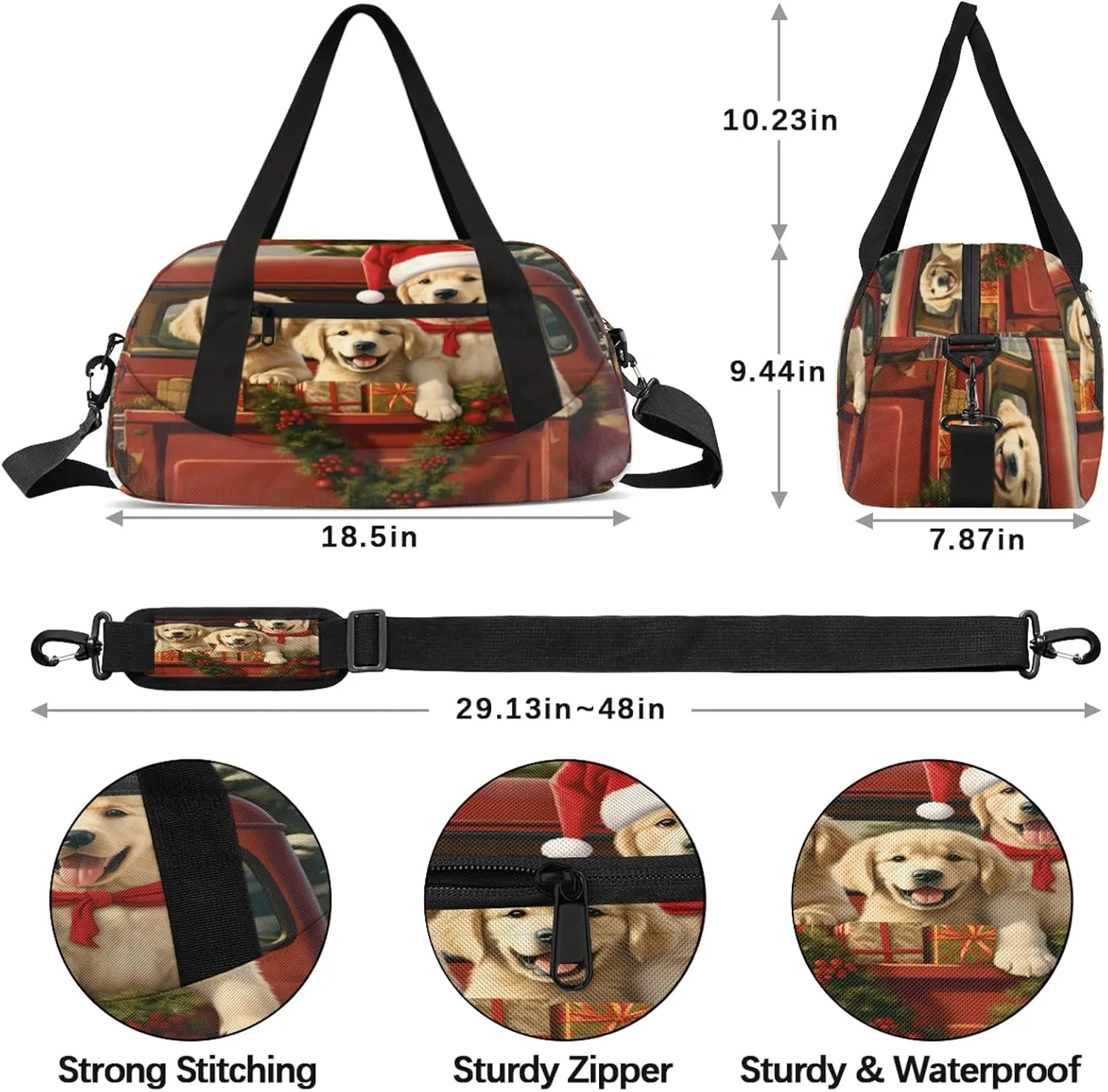 Christmas Truck Golden Retriever Kids Duffel Bag Lightweight Waterproof Sports Gym Bag with Front Zipper Pocket Foldable Weekender Overnight Bag for School Practice Gymnastic Ballet