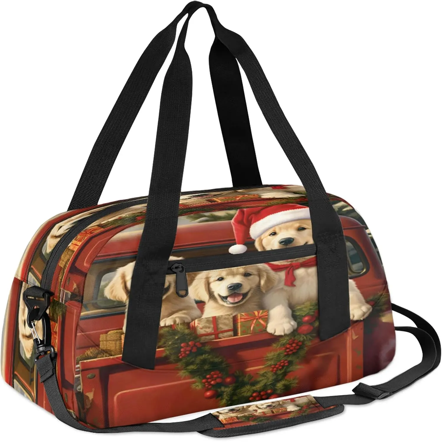 Christmas Truck Golden Retriever Kids Duffel Bag Lightweight Waterproof Sports Gym Bag with Front Zipper Pocket Foldable Weekender Overnight Bag for School Practice Gymnastic Ballet