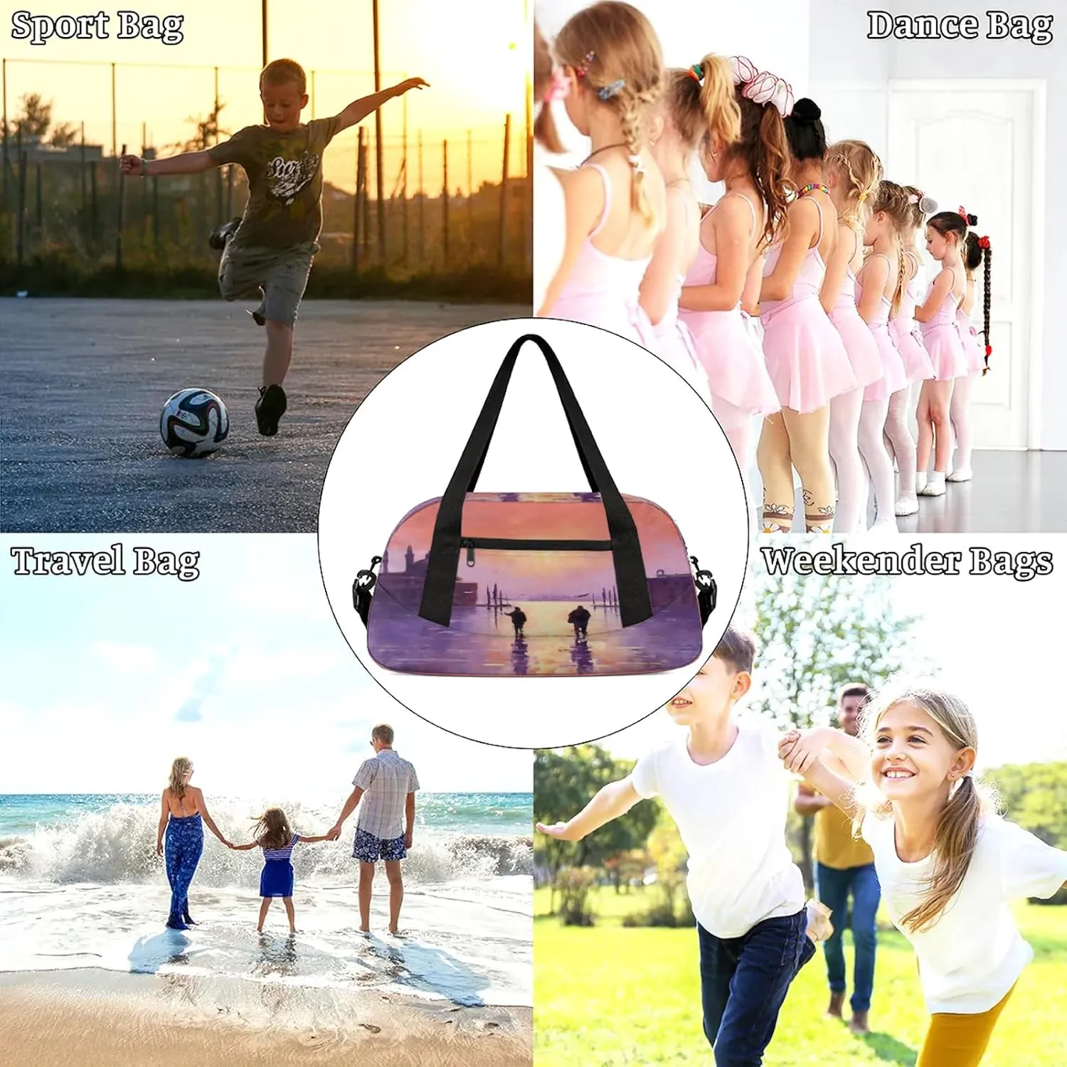 City Decor Pattern Kids Duffel Bag Lightweight Waterproof Sports Gym Bag with Front Zipper Pocket Foldable Weekender Overnight Bag for School Practice Gymnastic Ballet