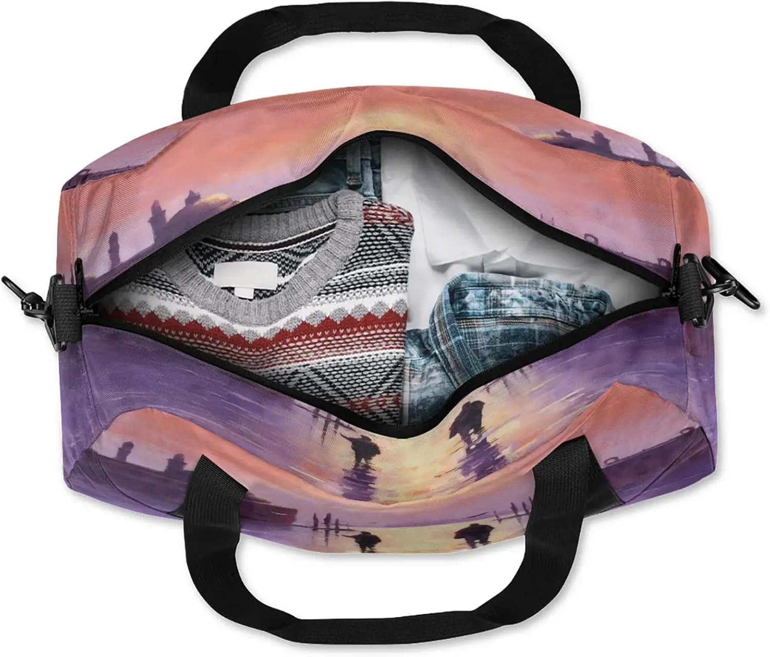 City Decor Pattern Kids Duffel Bag Lightweight Waterproof Sports Gym Bag with Front Zipper Pocket Foldable Weekender Overnight Bag for School Practice Gymnastic Ballet