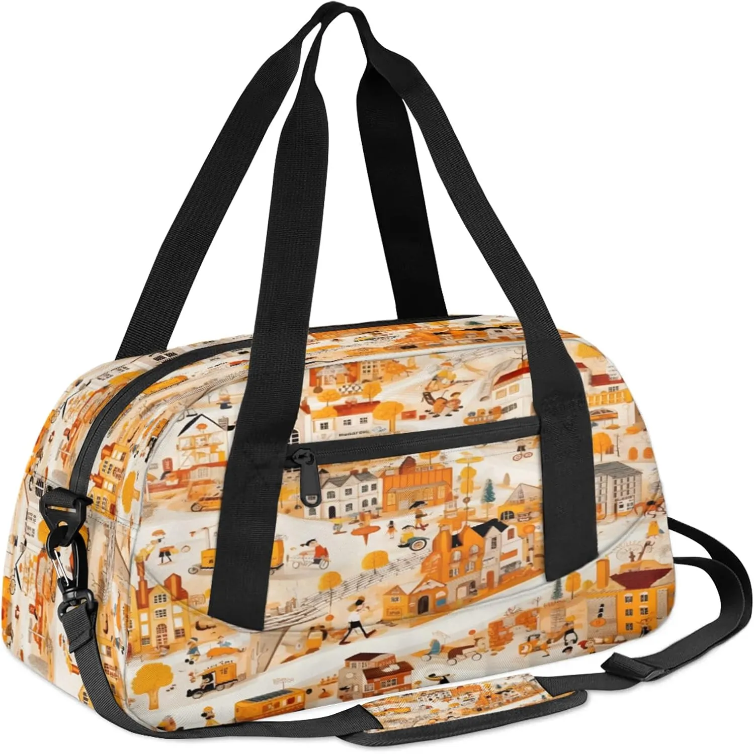 City Pattern Kids Duffel Bag Lightweight Waterproof Sports Gym Bag with Front Zipper Pocket Foldable Weekender Overnight Bag for School Practice Gymnastic Ballet