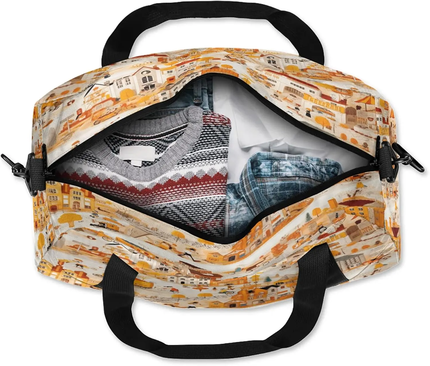 City Pattern Kids Duffel Bag Lightweight Waterproof Sports Gym Bag with Front Zipper Pocket Foldable Weekender Overnight Bag for School Practice Gymnastic Ballet