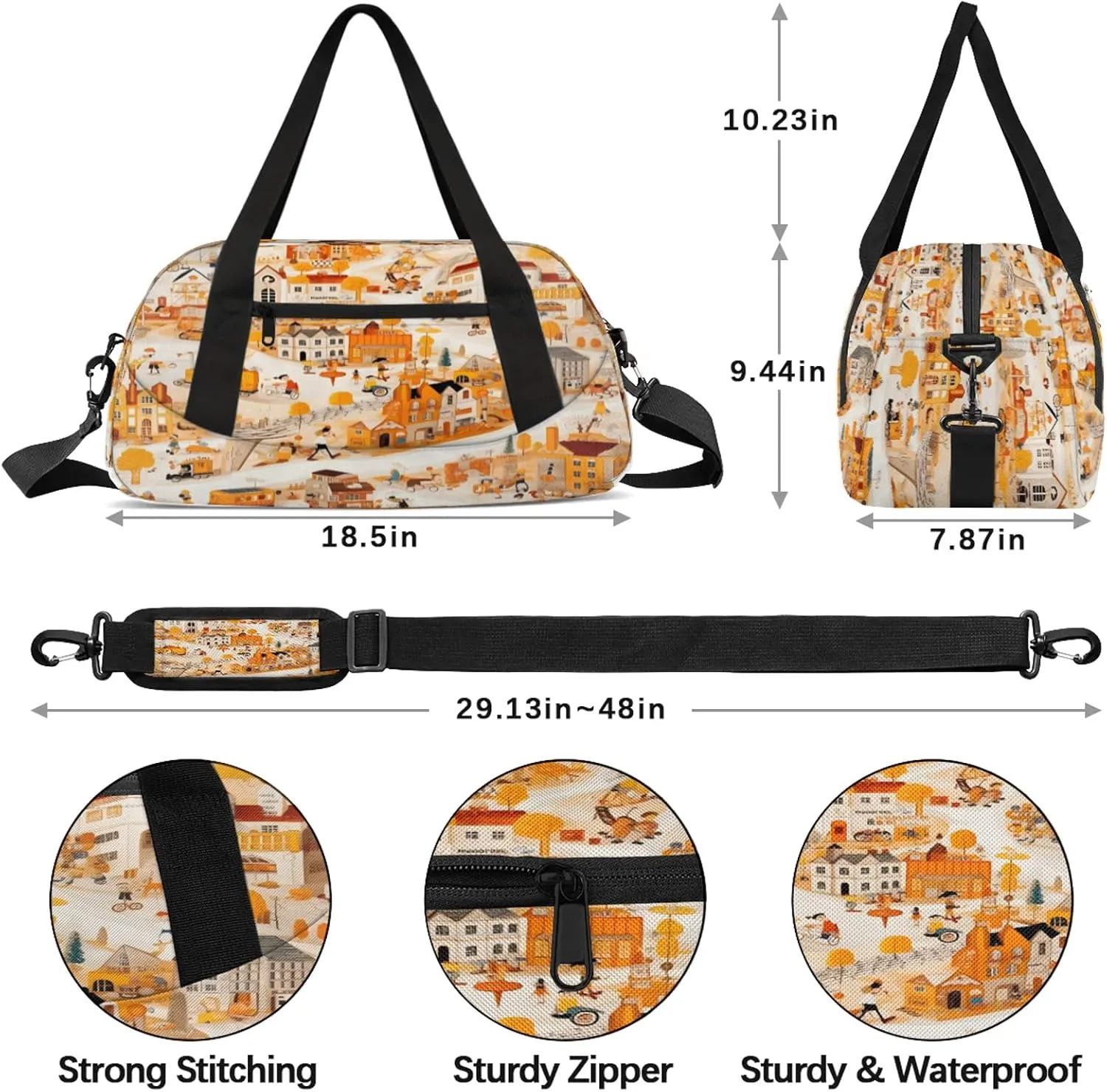 City Pattern Kids Duffel Bag Lightweight Waterproof Sports Gym Bag with Front Zipper Pocket Foldable Weekender Overnight Bag for School Practice Gymnastic Ballet