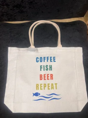 Coffee/Fish/Beer/Repeat Canvas 18"x14.5" Tote Bag