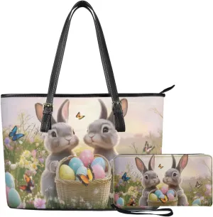 Coldinair Easter Handbag Tote Bag for Women Ladies Top Handle Purse and Wallet Set Leather Tote Purse for Women