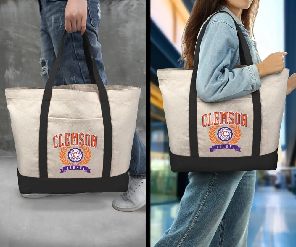 Collegiate Alumni Seal Canvas Tote Bag With External Pocket, Reusable Shoulder Bag for Shopping, Beach