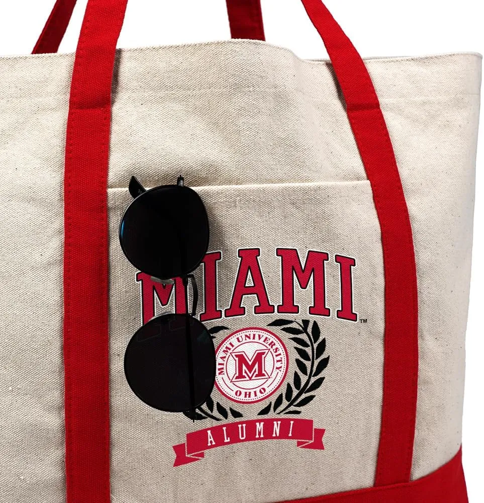 Collegiate Alumni Seal Canvas Tote Bag With External Pocket, Reusable Shoulder Bag for Shopping, Beach