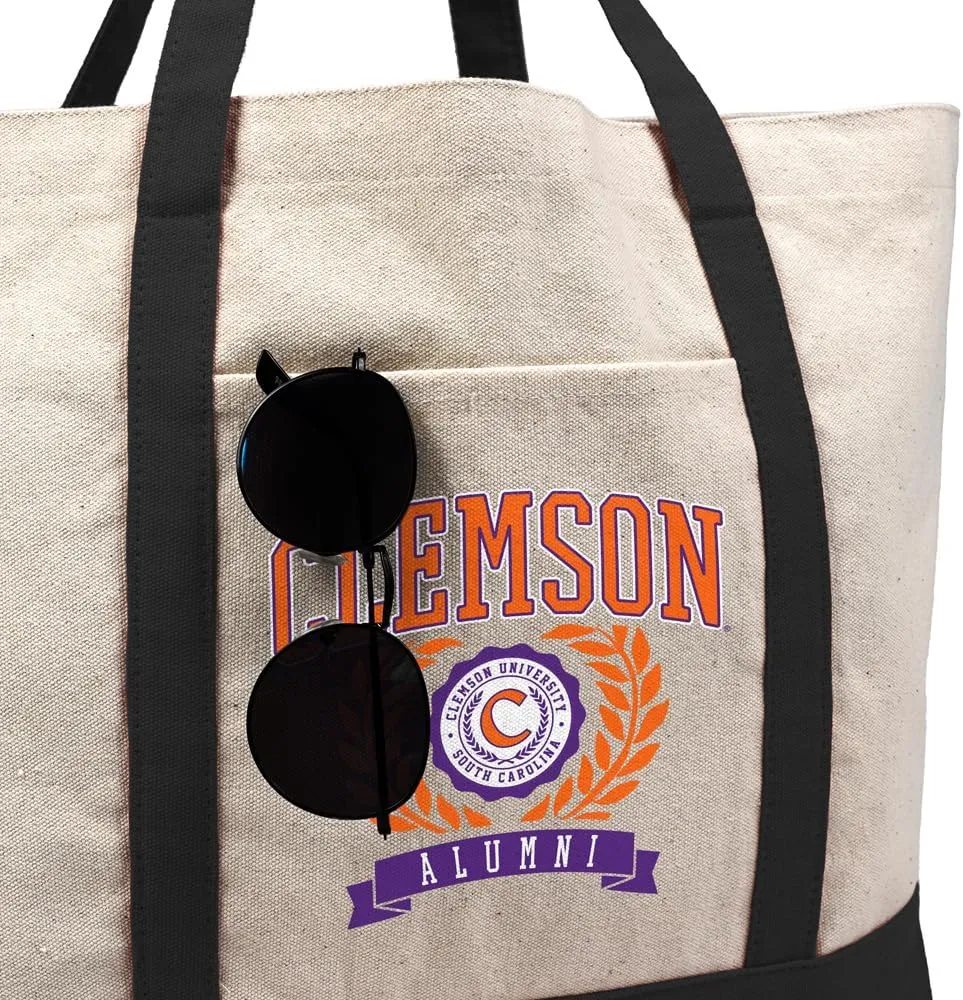 Collegiate Alumni Seal Canvas Tote Bag With External Pocket, Reusable Shoulder Bag for Shopping, Beach
