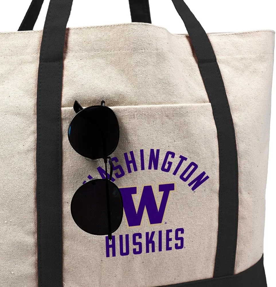 Collegiate Arched School Name Canvas Tote Bag With External Pocket, Reusable Shoulder Bag for Shopping, Beach