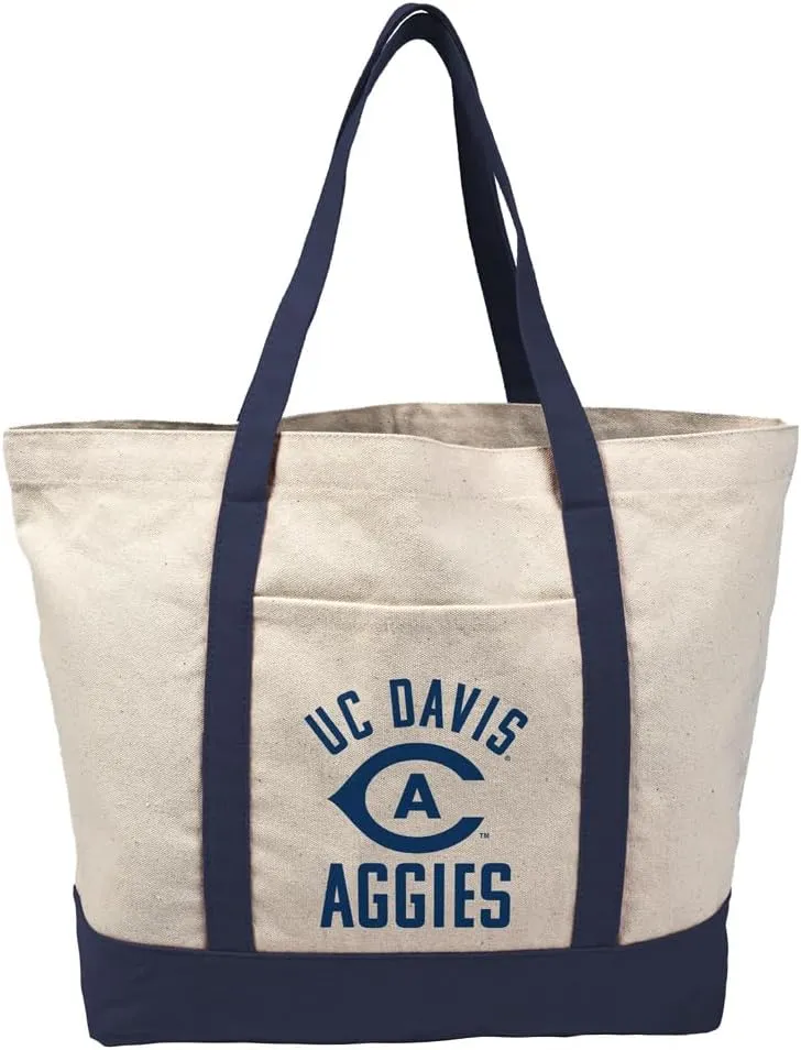 Collegiate Arched School Name Canvas Tote Bag With External Pocket, Reusable Shoulder Bag for Shopping, Beach