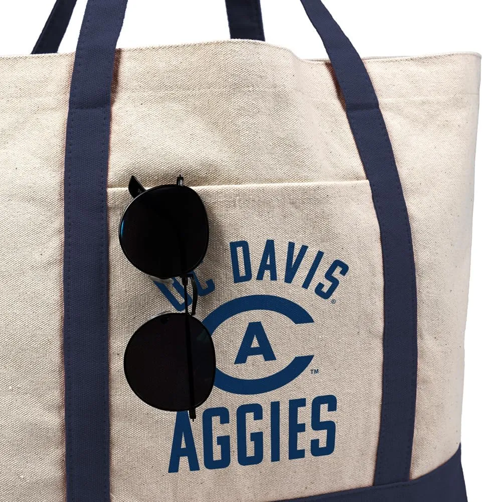 Collegiate Arched School Name Canvas Tote Bag With External Pocket, Reusable Shoulder Bag for Shopping, Beach