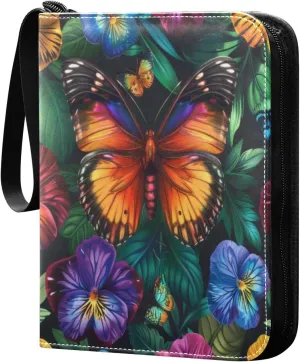 Colorful Butterflies Flowers Card Binder 4-Pocket, 400 Pockets Trading Cards Holder Games Card Albums Storage Organizer Case for Football, Baseball Cards