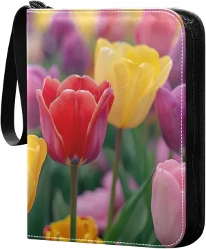 Colorful Tulips Card Binder, 400 Pockets Card Holder with 50 Sleeves, Sturdy Card Holder Folders for Game Cards & Sports Cards