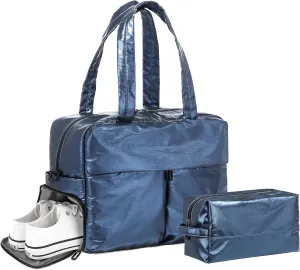 Compact Travel Duffel Bag for Women, 30L Gym Bag - Stylish Weekender Bag with Shoe Pocket, TSA-Approved Carry-On for Airplane, Fitness, Weekend Getaway(Dark Blue)