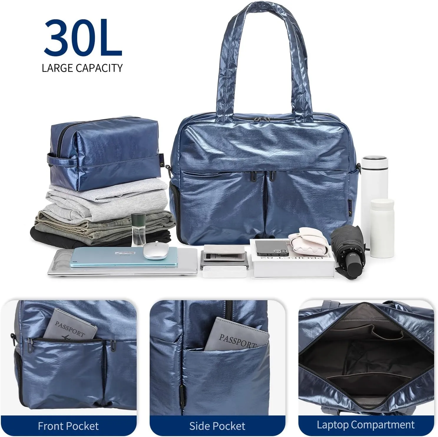 Compact Travel Duffel Bag for Women, 30L Gym Bag - Stylish Weekender Bag with Shoe Pocket, TSA-Approved Carry-On for Airplane, Fitness, Weekend Getaway(Dark Blue)