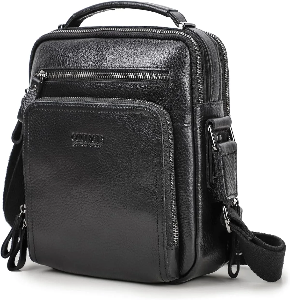 Contacts Leather Messenger for Men Man Purse Crossbody Shoulder Bag Business 9.7" iPad Travel Bag for Work Travel Handbag (Black)
