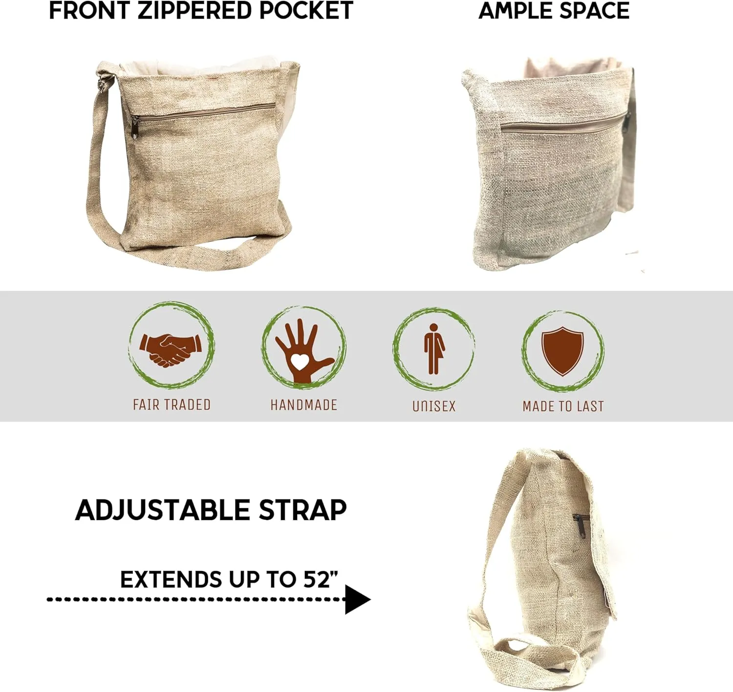 Core Hemp Crossbody Messenger Bag - Handmade In Nepal - Over-the-Shoulder Sling Bag - Unisex