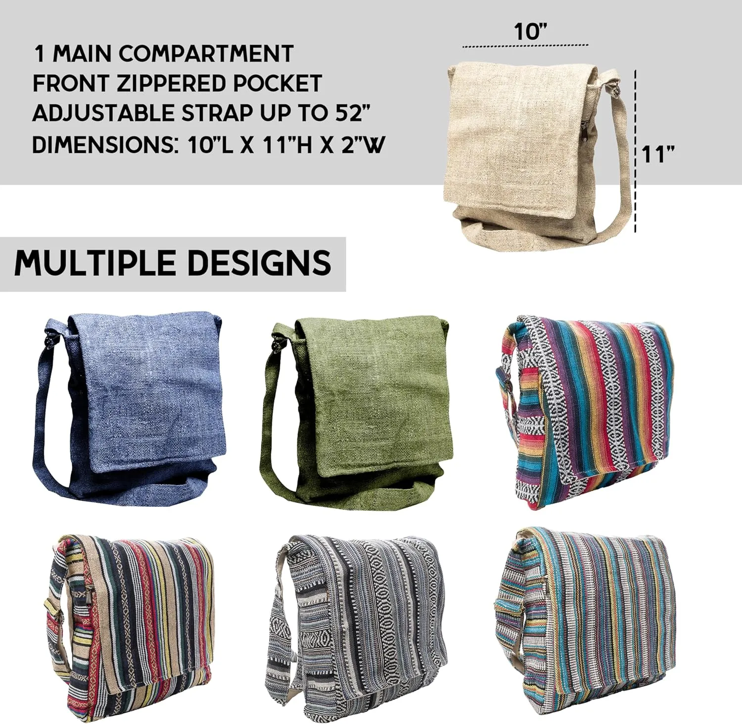 Core Hemp Crossbody Messenger Bag - Handmade In Nepal - Over-the-Shoulder Sling Bag - Unisex