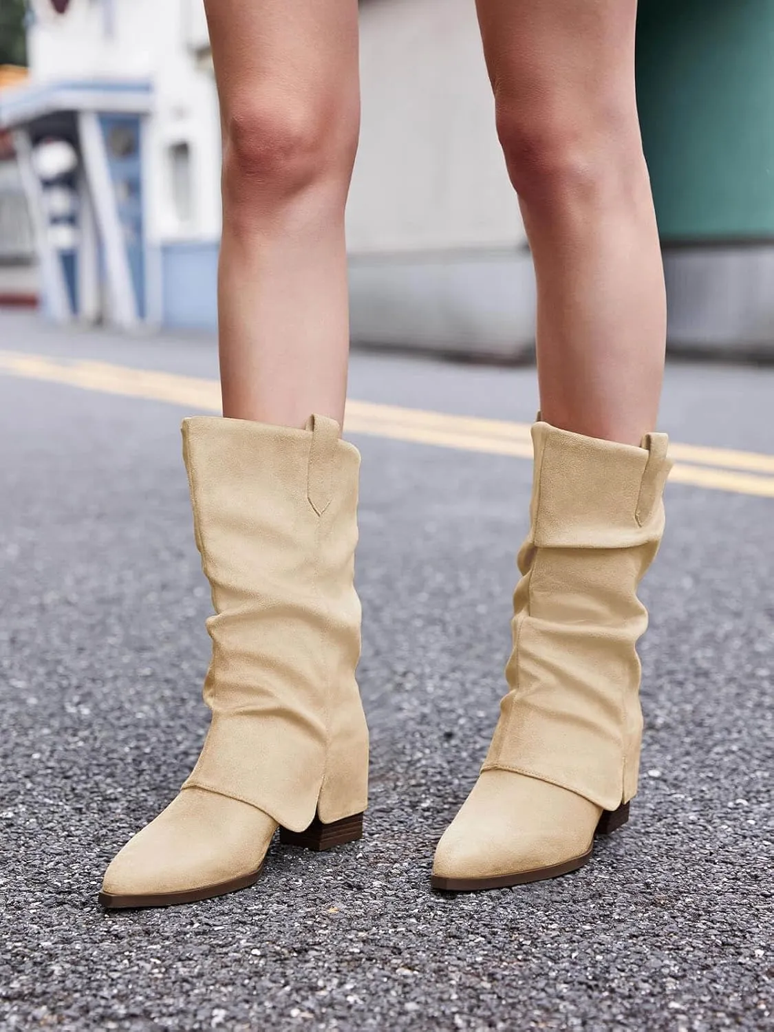 Coutgo Womens Fold Over Mid Calf Boots Slouchy Pointed Toe Chunky Heel Boots Pull On Winter Western Boot Shoes