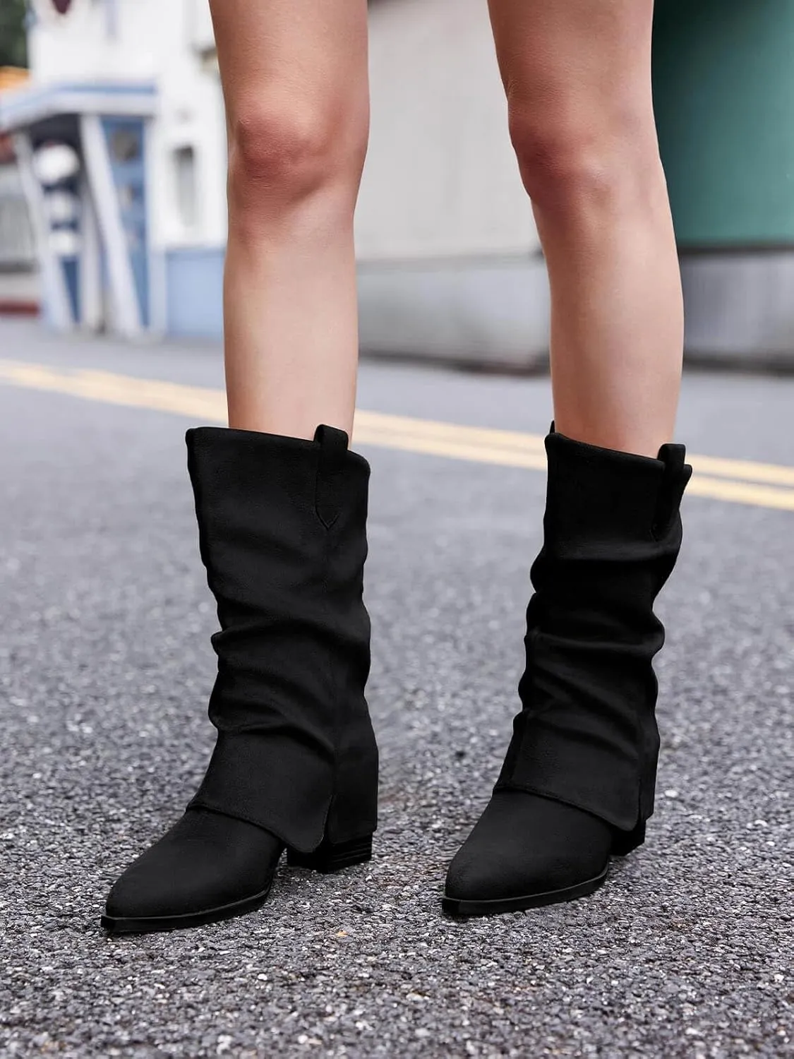 Coutgo Womens Fold Over Mid Calf Boots Slouchy Pointed Toe Chunky Heel Boots Pull On Winter Western Boot Shoes