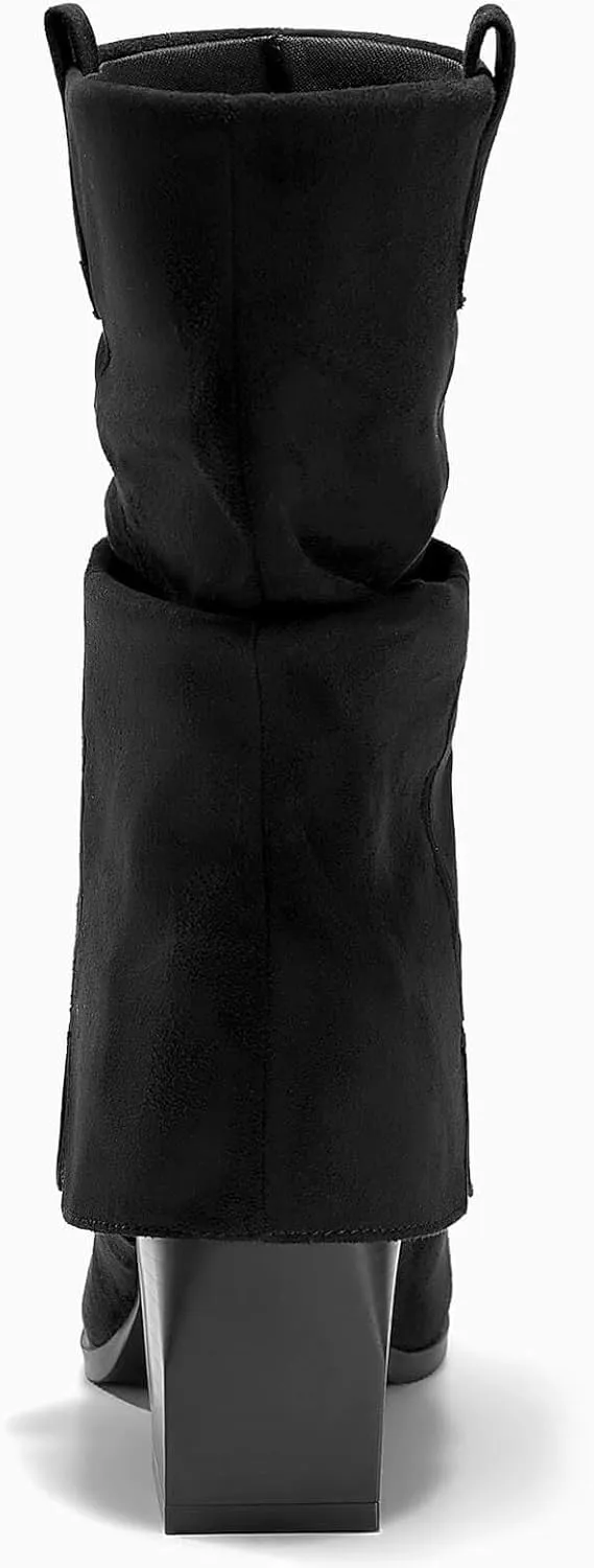 Coutgo Womens Fold Over Mid Calf Boots Slouchy Pointed Toe Chunky Heel Boots Pull On Winter Western Boot Shoes
