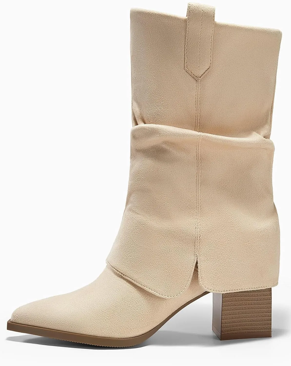 Coutgo Womens Fold Over Mid Calf Boots Slouchy Pointed Toe Chunky Heel Boots Pull On Winter Western Boot Shoes