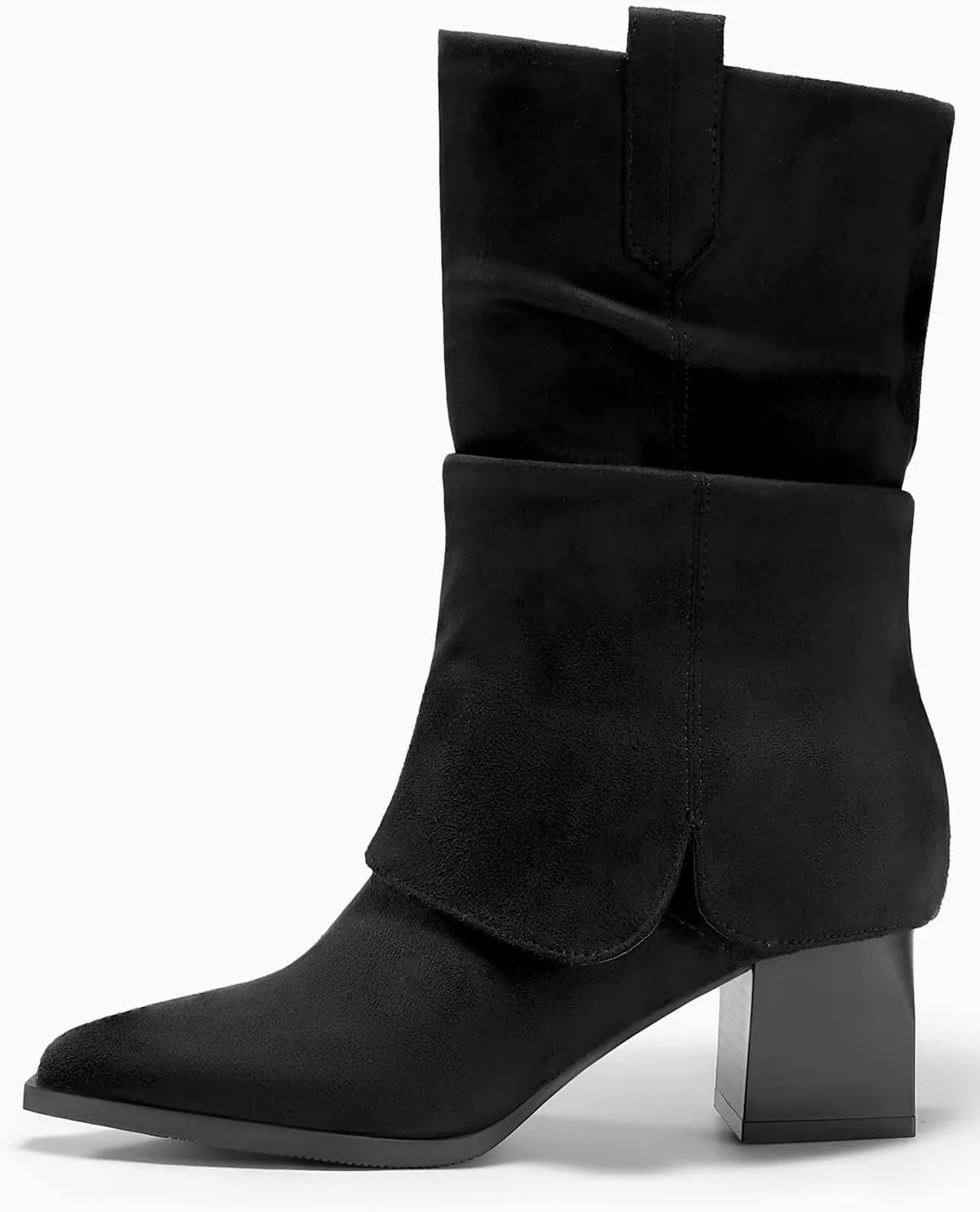 Coutgo Womens Fold Over Mid Calf Boots Slouchy Pointed Toe Chunky Heel Boots Pull On Winter Western Boot Shoes