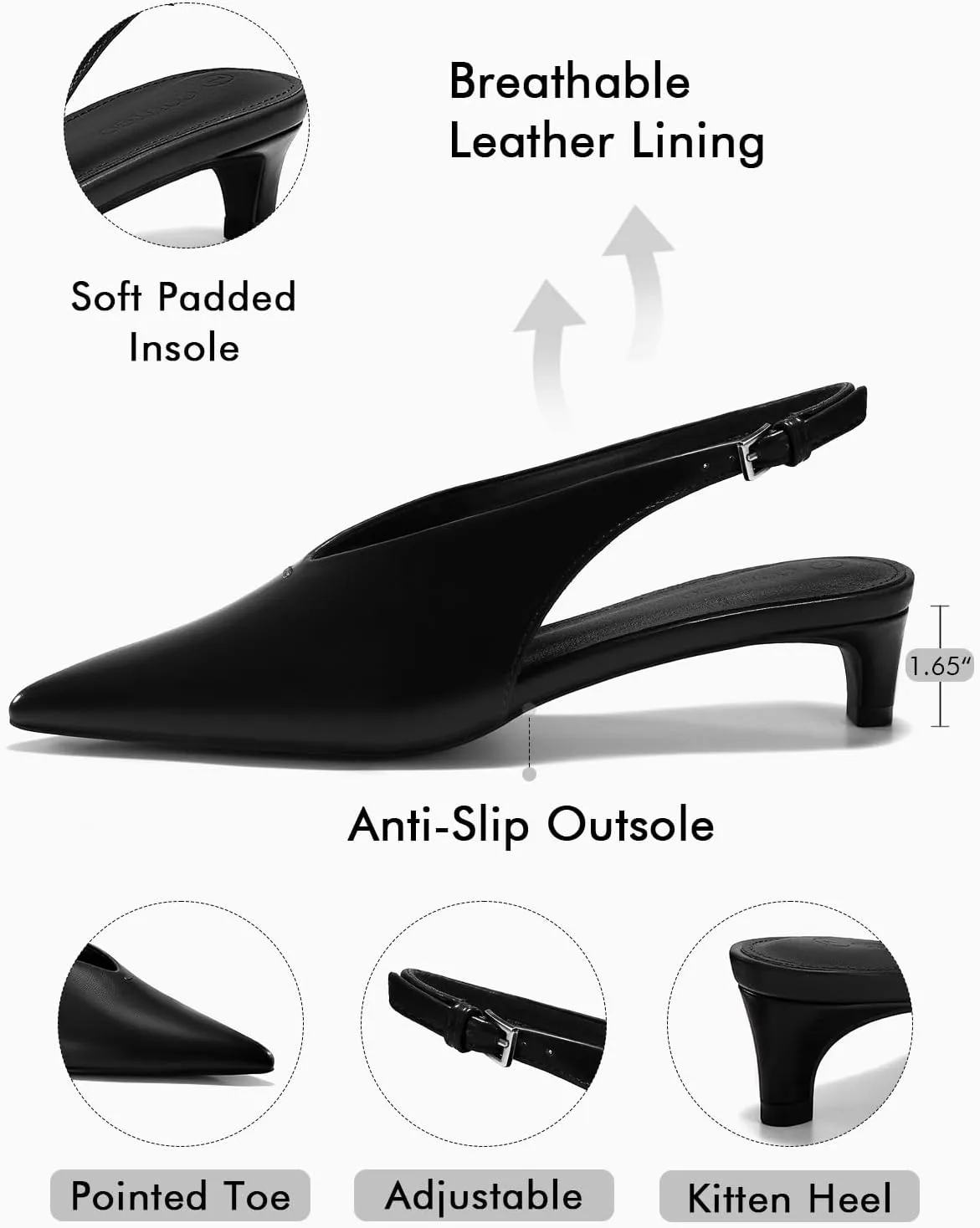 Coutgo Womens Low Kitten Heels Slingback Closed Pointed Toe V-Cut Business Work Pumps Dress Shoes