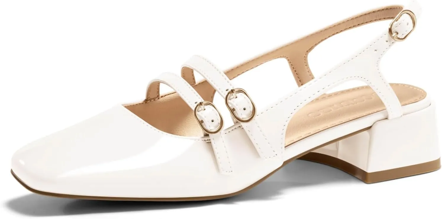 Coutgo Womens Mary Jane Chunky Low Heels Slingback Pumps Closed Square Toe Wedding Dress Shoes
