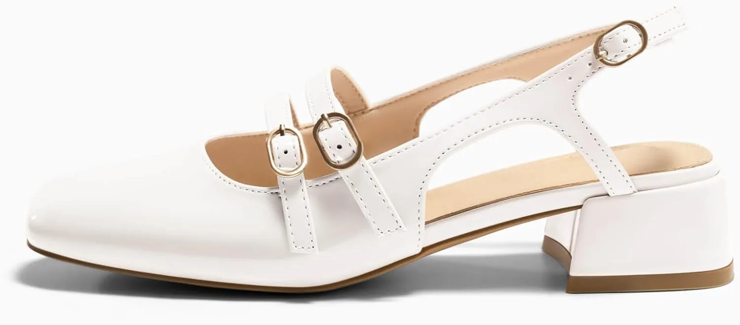 Coutgo Womens Mary Jane Chunky Low Heels Slingback Pumps Closed Square Toe Wedding Dress Shoes