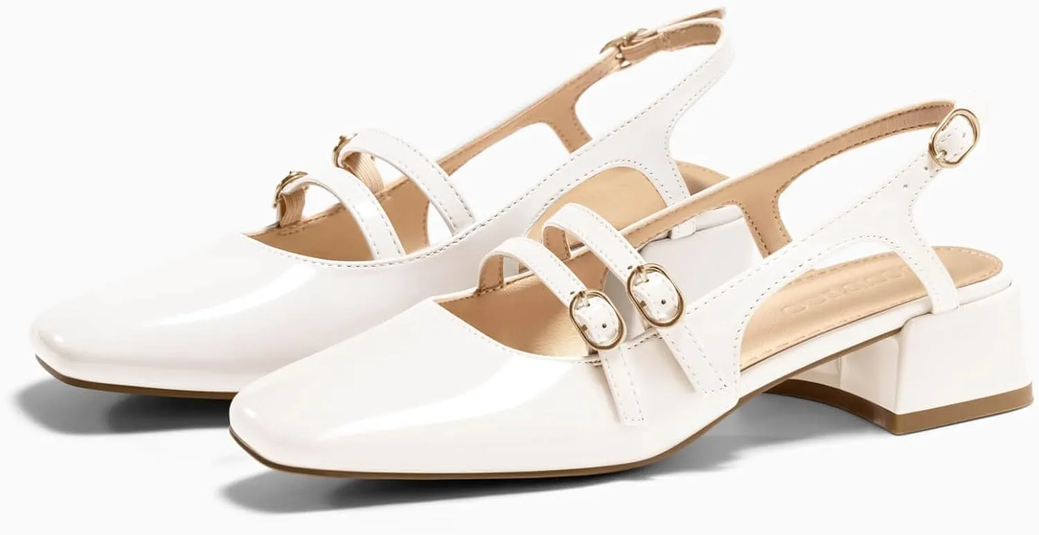 Coutgo Womens Mary Jane Chunky Low Heels Slingback Pumps Closed Square Toe Wedding Dress Shoes