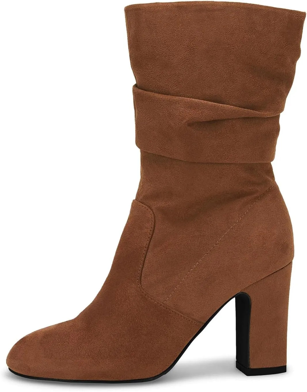 Coutgo Women's Mid Calf Slouchy Boots Suede High Heel Zip Stacked Chunky Block Round Toe Booties