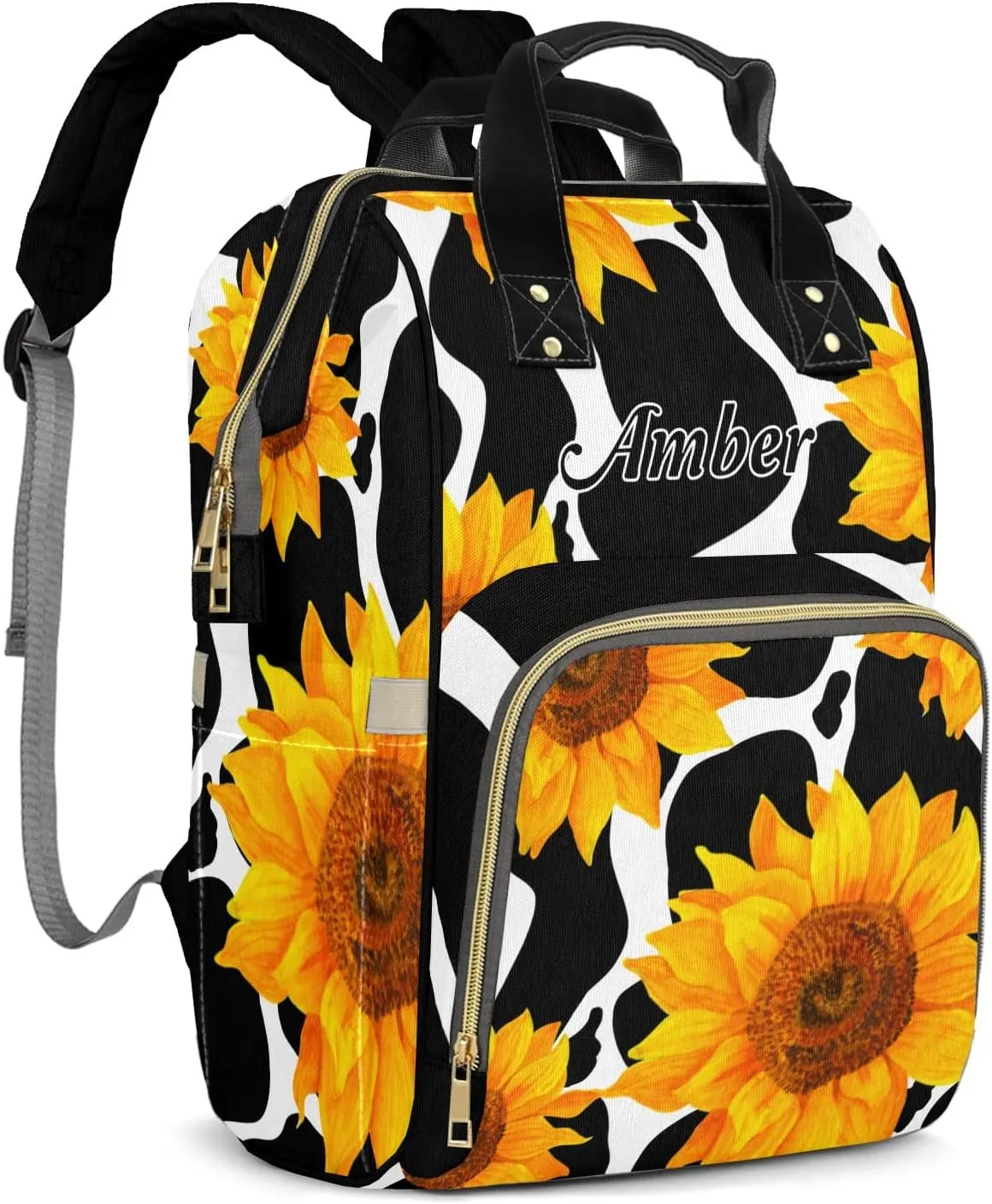 Cow Sunflower Diaper Bags with Name Personalized Baby Bag Travel Tote Bag Waterproof Backpack for Mom Gift