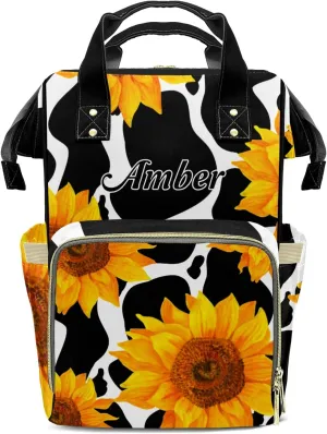 Cow Sunflower Diaper Bags with Name Personalized Baby Bag Travel Tote Bag Waterproof Backpack for Mom Gift