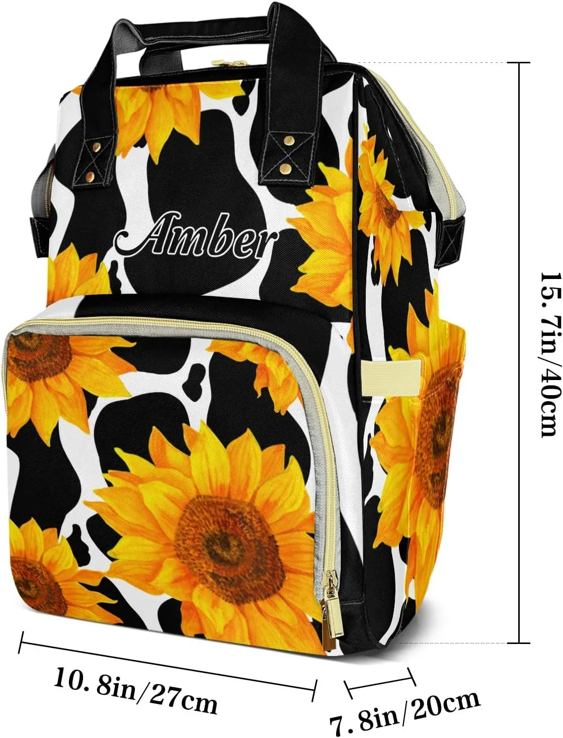 Cow Sunflower Diaper Bags with Name Personalized Baby Bag Travel Tote Bag Waterproof Backpack for Mom Gift