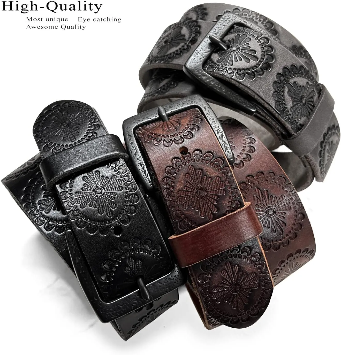 Cowboy Cowgirl Western Tooled Floral Embossed Full Grain Genuine Leather Belt Strap 1-1/2"(38mm) Wide