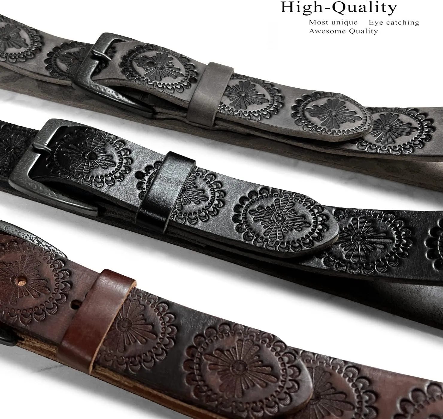 Cowboy Cowgirl Western Tooled Floral Embossed Full Grain Genuine Leather Belt Strap 1-1/2"(38mm) Wide