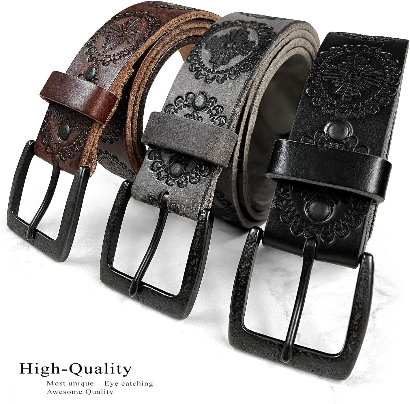 Cowboy Cowgirl Western Tooled Floral Embossed Full Grain Genuine Leather Belt Strap 1-1/2"(38mm) Wide