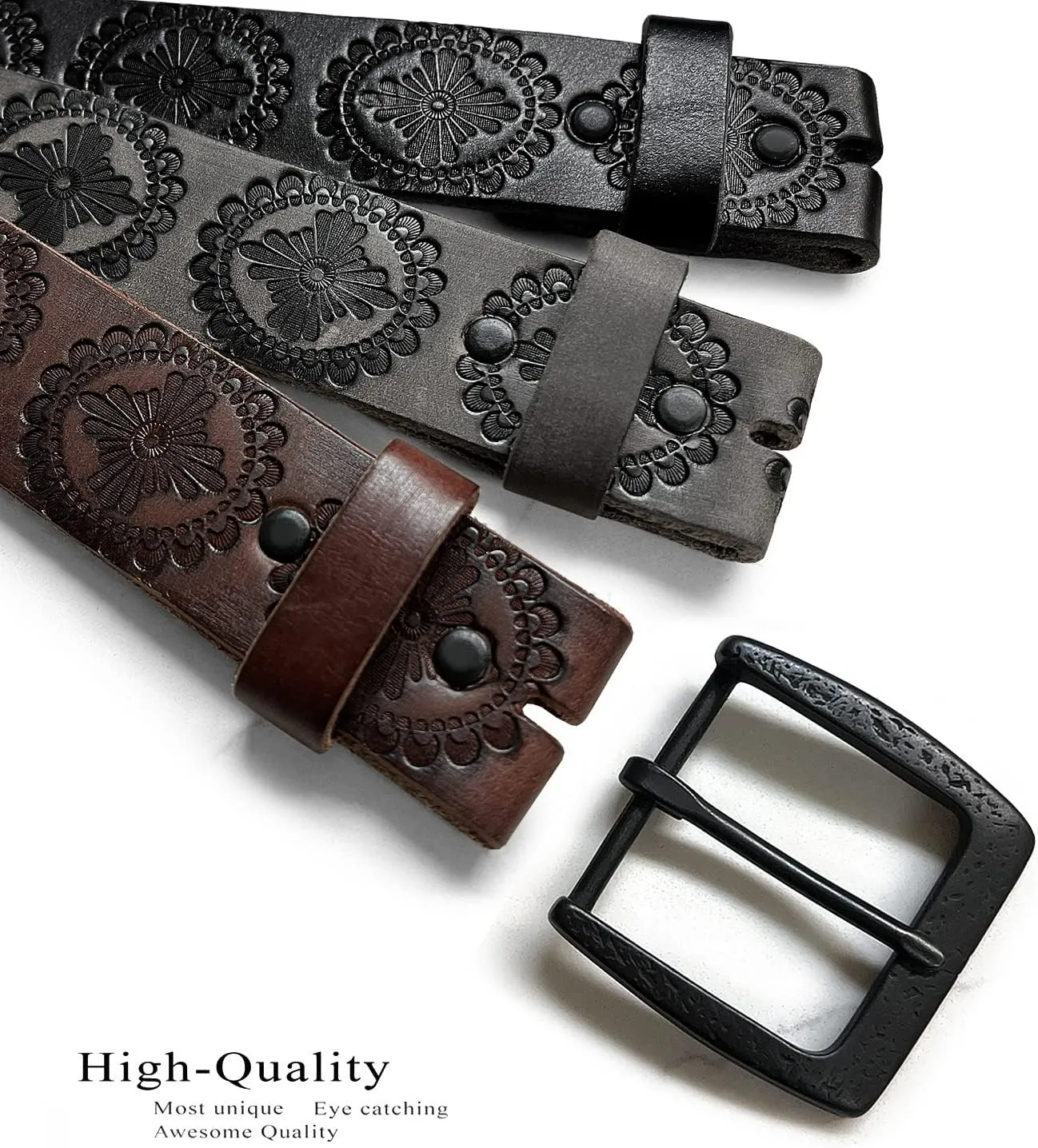 Cowboy Cowgirl Western Tooled Floral Embossed Full Grain Genuine Leather Belt Strap 1-1/2"(38mm) Wide