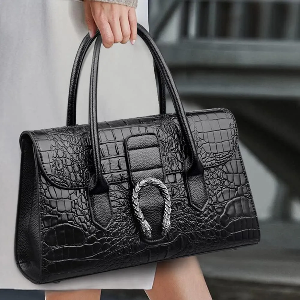 Crocodile Pattern Leather Top Handle Satchel Handbag for Women - Medium Fashion Ladies Shoulder Bag Tote Purse