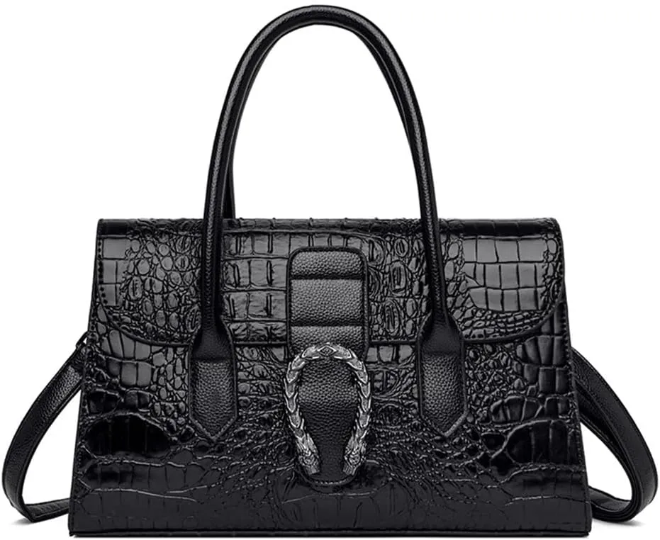 Crocodile Pattern Leather Top Handle Satchel Handbag for Women - Medium Fashion Ladies Shoulder Bag Tote Purse