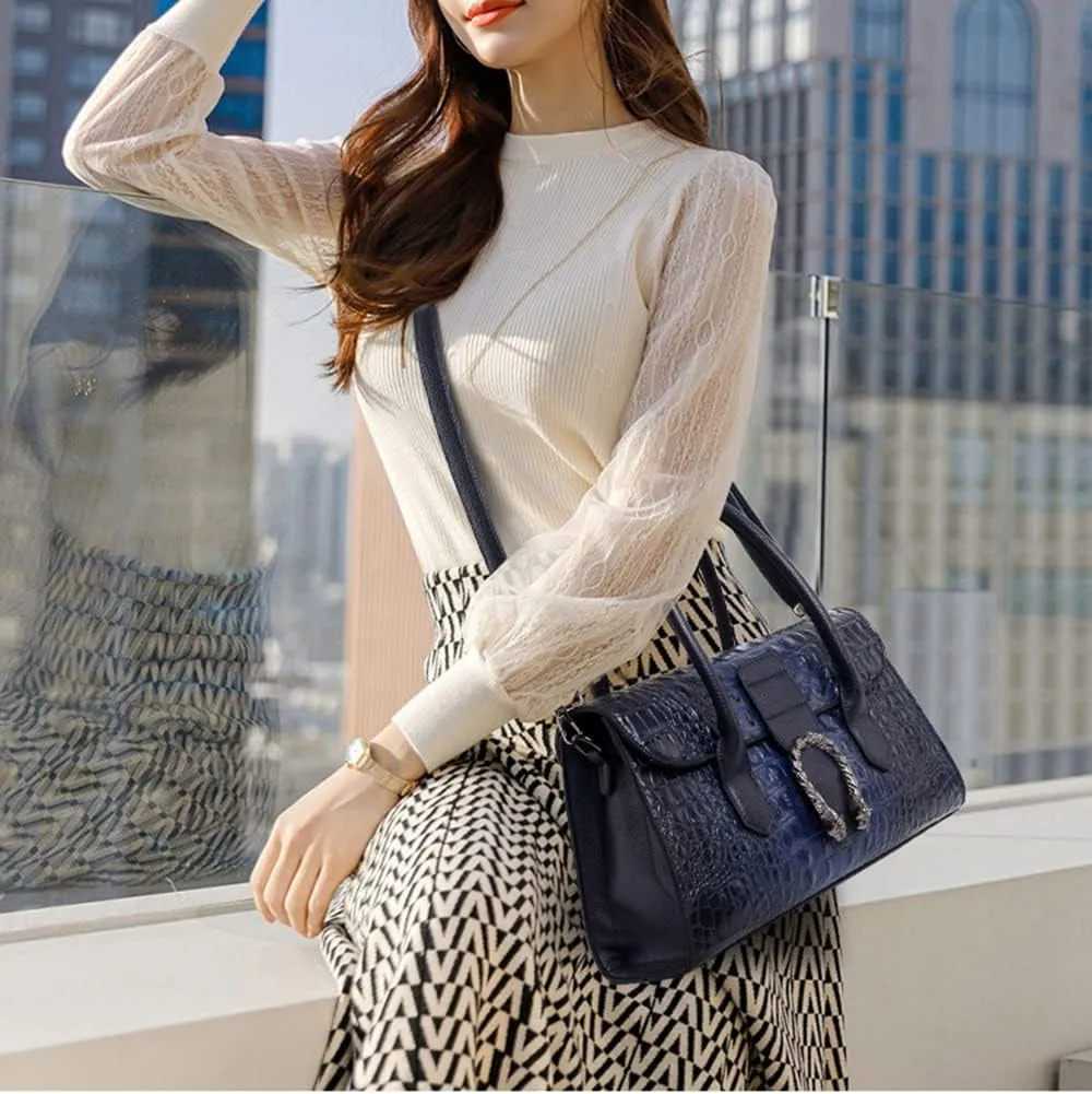 Crocodile Pattern Leather Top Handle Satchel Handbag for Women - Medium Fashion Ladies Shoulder Bag Tote Purse
