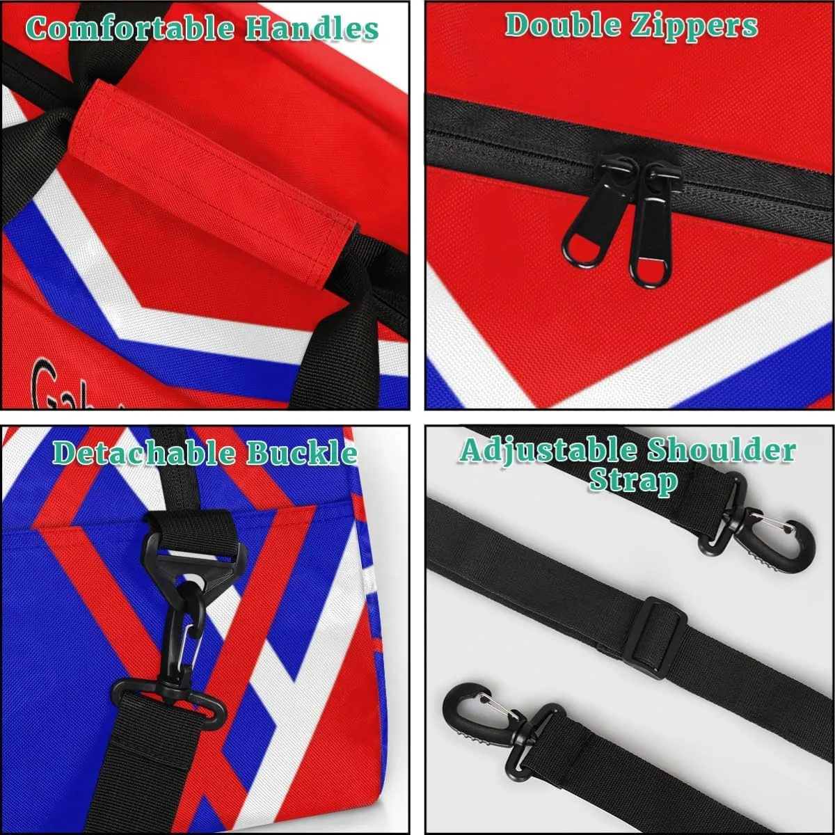 Custom Cheer Cheerleader Bag, Customized Travel Dancing Gym Barrel Bag with Name Camping Carry On Overnight Duffel Bag, Red Royal Blue Black Cheerleader Silhouette